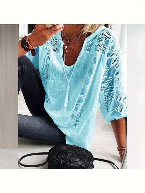 plus size womens 3 4 sleeve cotton lined tunic neck casual loose fit shirt with geometric eyelet detailing high quality autumn tee for layering or outfits l 5xl relaxed asymmetrical design machine washable