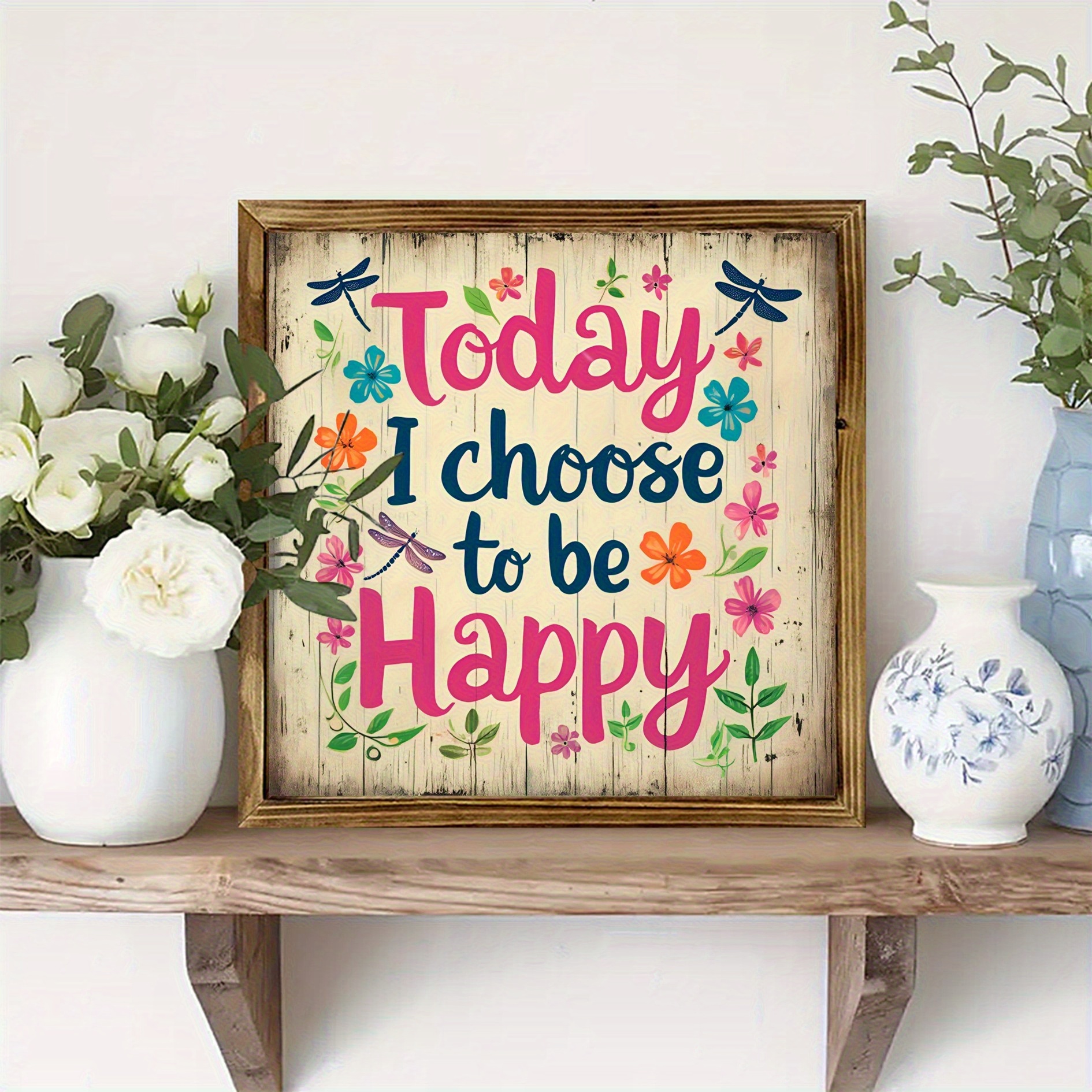 2D Flat - 2D Wall Art Featuring The Phrase 'Today I Choose Happiness' - a Country-Style Decoration with Floral Accents in Pink, Beige, Brown, Or Orange - Made from Reclaimed Wood, Suitable for Home, Office