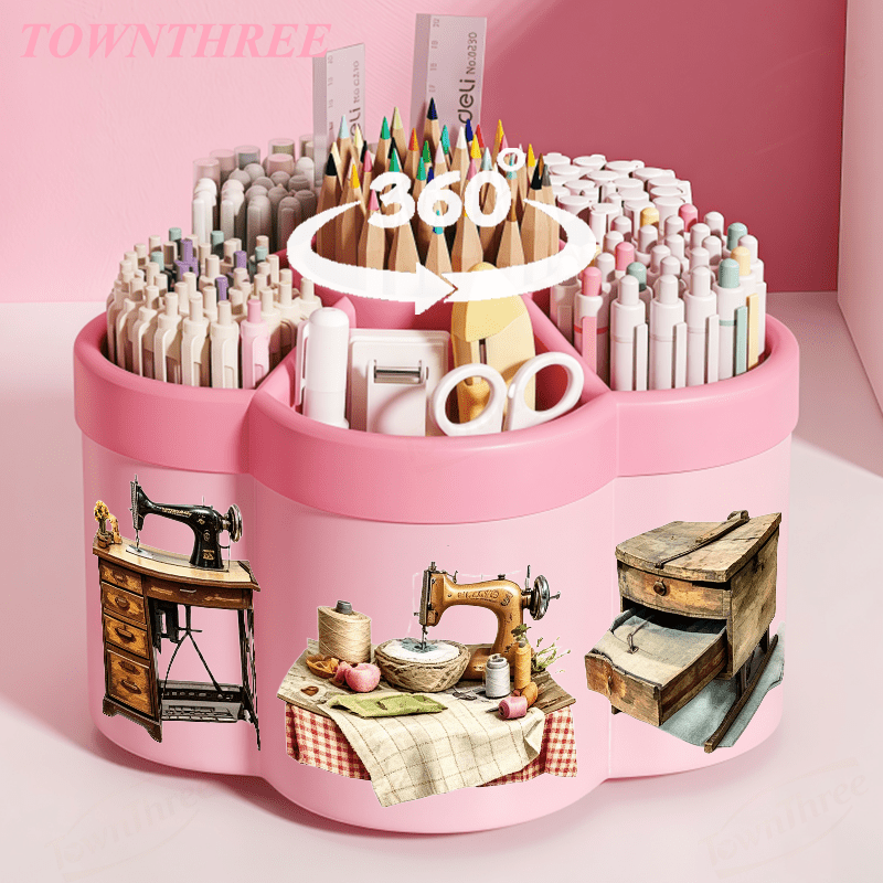 TEMU Rotatable Pen Holder And Cosmetic Storage Box | Retro Sewing Machine Combination Sticker - 360° Rotatable Convenient Desktop Storage Box | Large