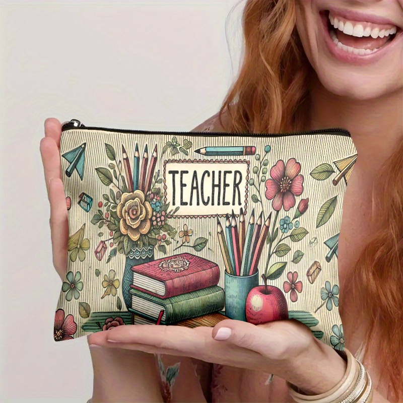 TEMU 1 pz Pochette a tema insegnante, lino , borsa da trucco retr簷 in toni morbidi e , lavabile, adatta per degli Insegnanti, regali di laurea,