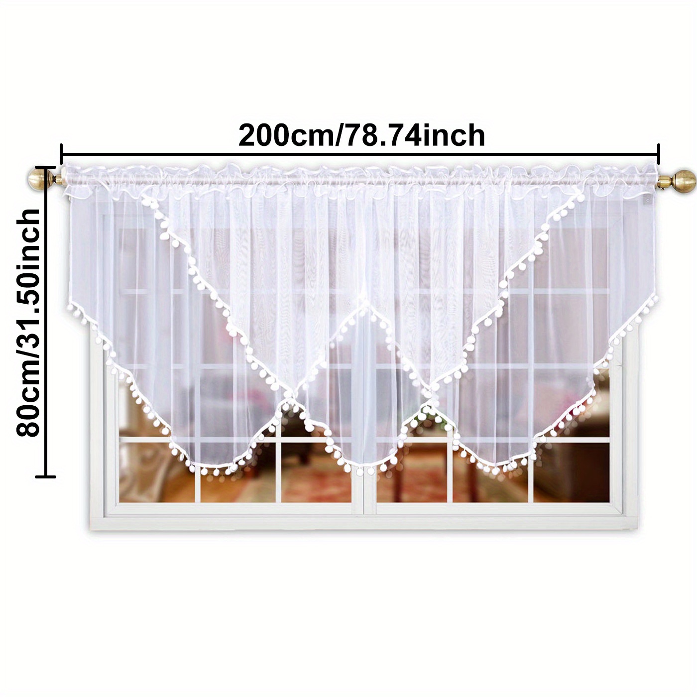 Short Translucent Curtain With Pom-pom Decoration, 1 Piece, Sizes (150cm X 80cm, 200cm X 80cm), Lightweight, Breathable Fabric, Elegant Triangular Panels, Suitable For Modern Living Rooms And Bedrooms