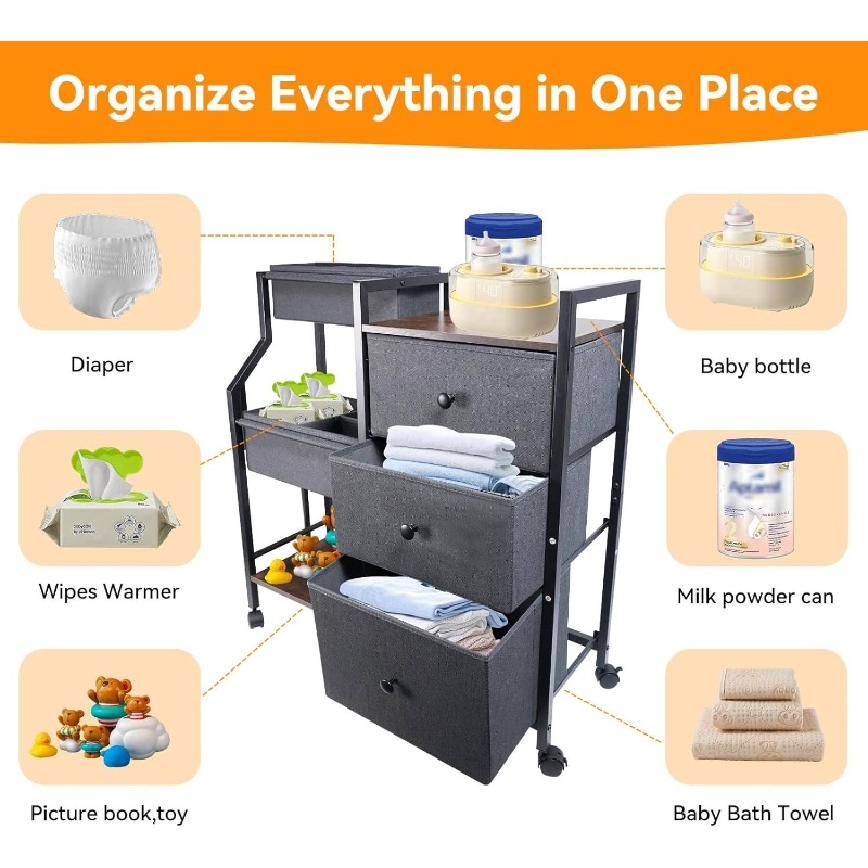 3 Tier Rolling Cart Diaper Caddy Organizer and Storage | with Drawers and Dividers, Essentials Cart for Nursery, Bedroom, Changing Table, Crib