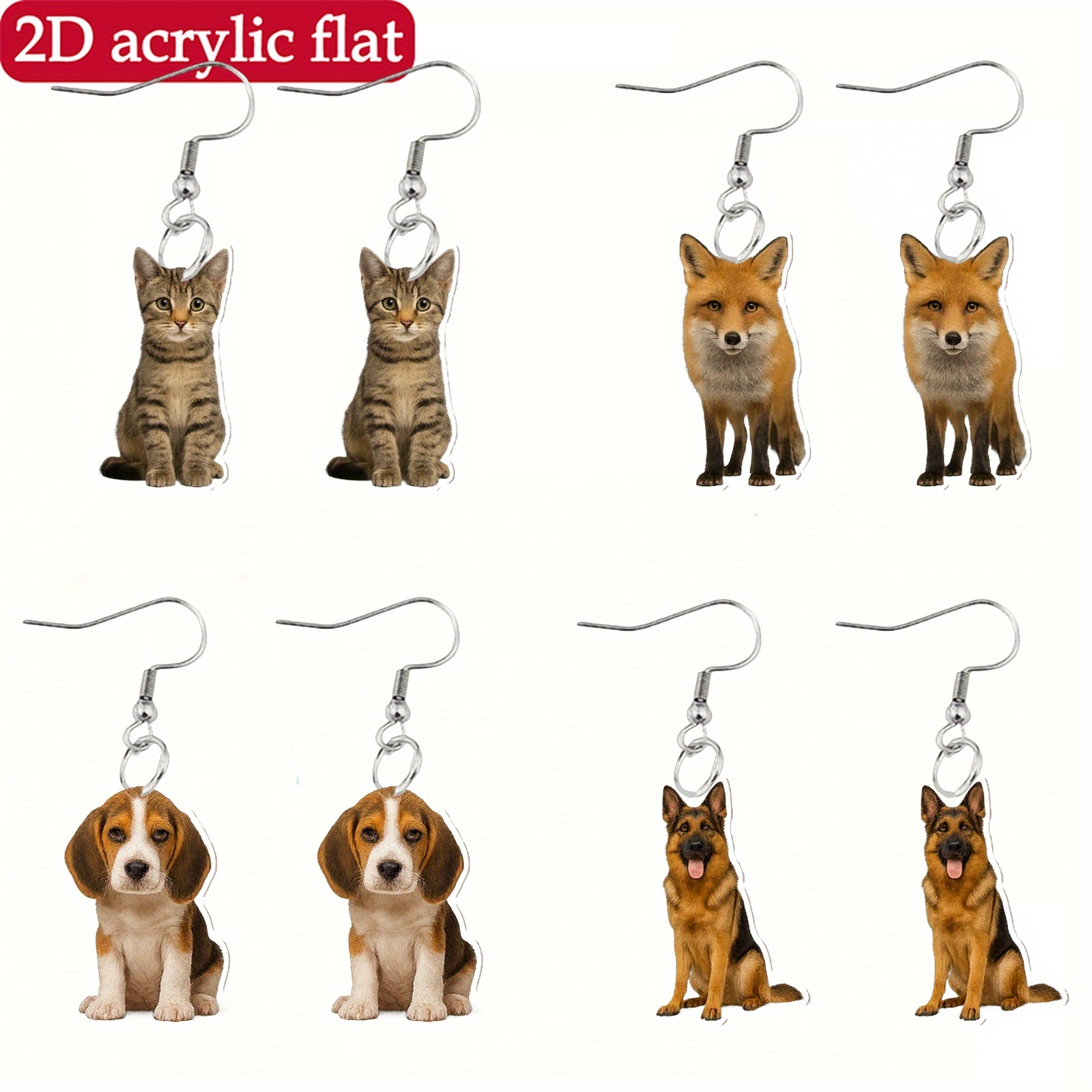 TEMU 2d Flat, 1 Pair/4 Pairs Of 2d Acrylic Flat-back Earrings Featuring Cute Cat, Fox, Beagle, And German Shepherd Designs, Printed On Lightweight