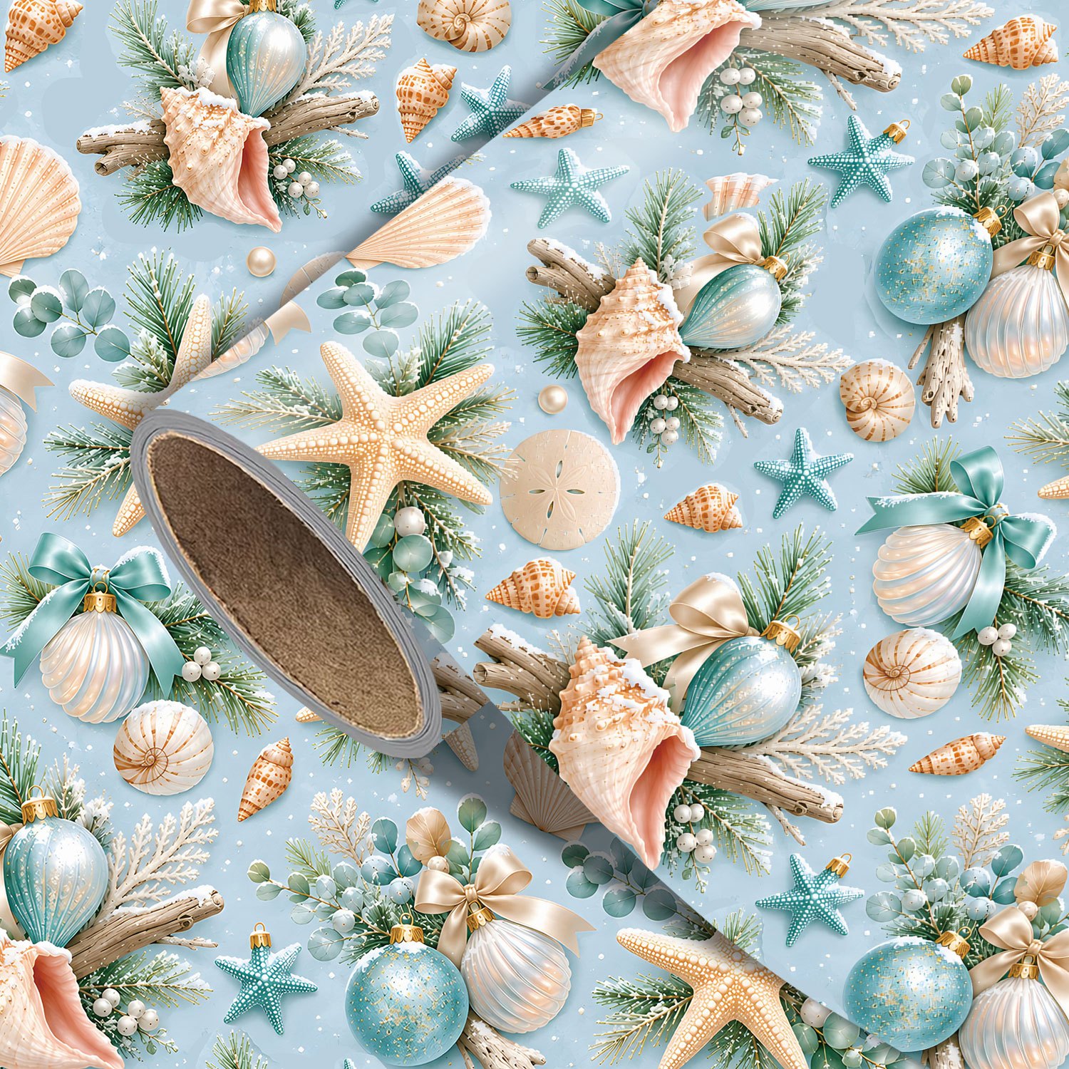 TEMU 1pc, 2d Blue Christmas Wrapping Paper Roll, Featuring Coastal Nautical Christmas Seashell, Starfish, And Driftwood Prints, Wrapping Christmas