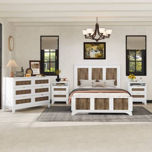 be 4pcs bedroom sets full size farmhouse platform bed with wooden strip stickers decoration storage nightstand and dresser with metal handle white