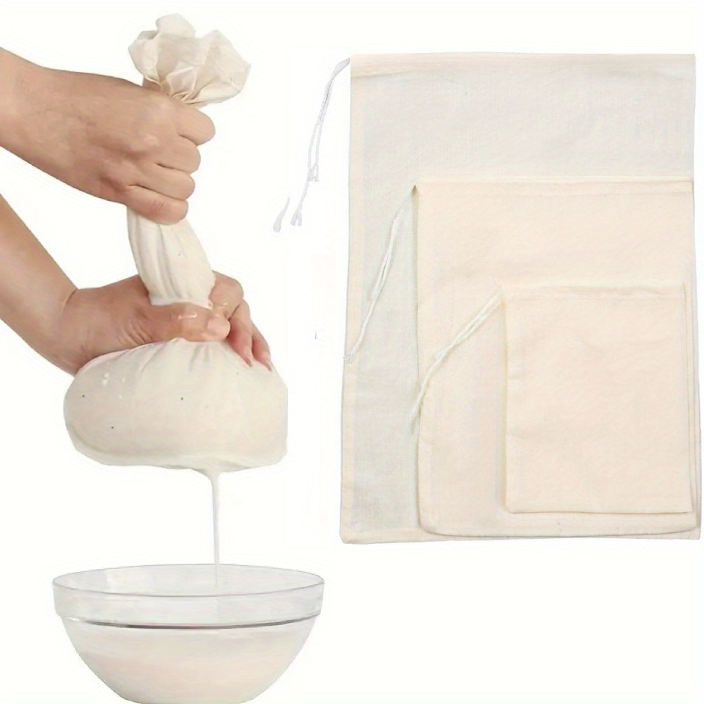 6 reusable gauze filter bags -3 sizes, kitchen essentials - used for filtering, cooking, baking, yogurt, juice, wine filtering, and cheese making - food safety fabric food filter bags with drawstring closure, kitchen essentials