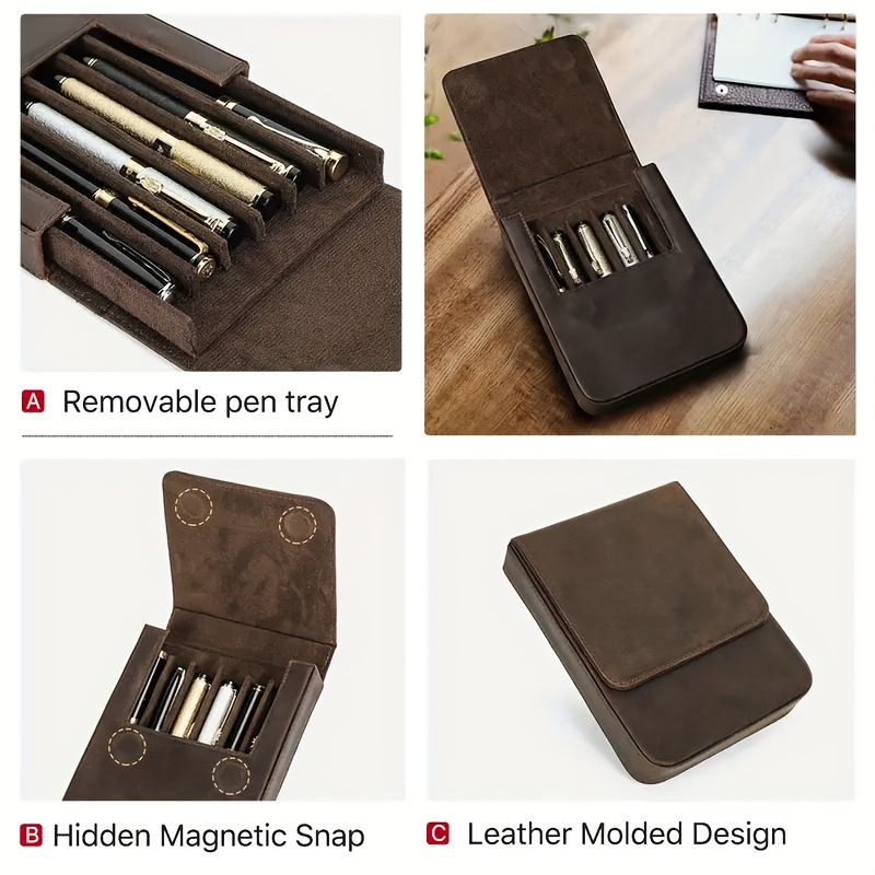 1 Handmade Cowhide Pen Case- Premium Vintage Leather Storage Box, Suitable for Business Men and Women, Office and Pen Organizer, Holds 6 Wearable Pen Holders, Ideal for Gifting