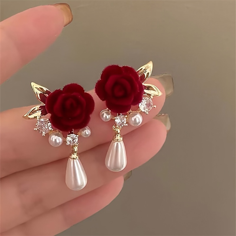 Image of 2pcs Elegant Wine Red Rose And Drop Earrings - Vintage Style Golden Floral Jewelry, Suitable For Weddings, Parties, And Special Occasions