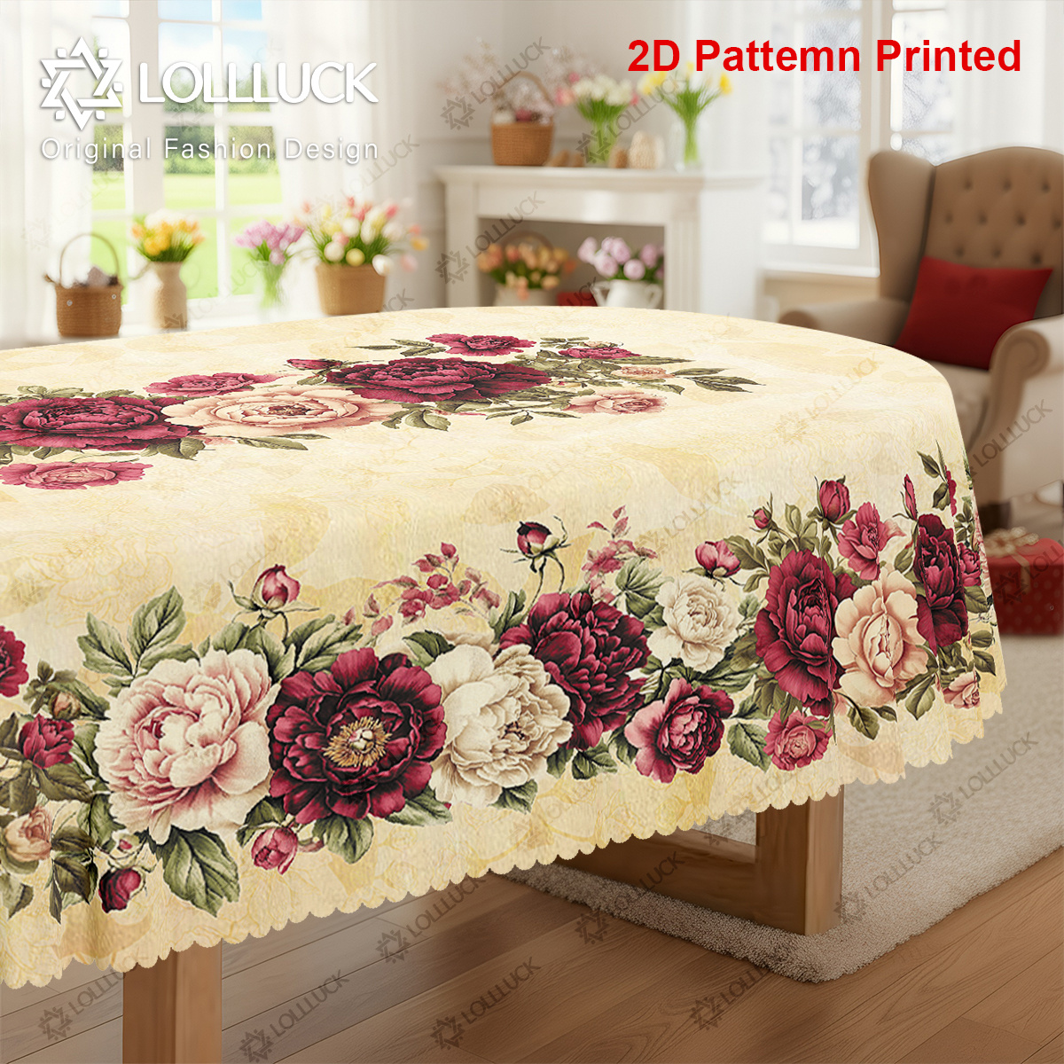 TEMU 1pc, Flowers Themed Party Tablecloth, Spring Summer Vintage Red Pink Peony Rose Floral Printed Design, Rectangular/round/oval Table Cloth,