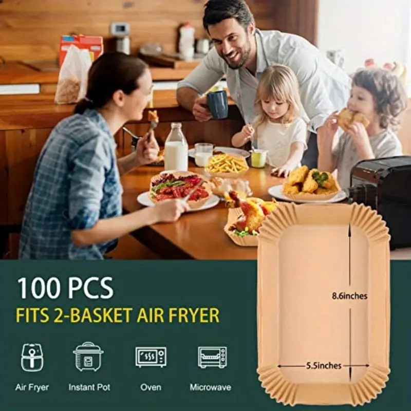100pcs dual air fryer disposable paper liners - , oil-proof, microwave & oven safe, 8.6x5.5 inch rectangular parchment paper for baking, roasting, grilling - compatible with dual air fryer, kitchen essentials, air fryer accessories, , rectangular shape, oilproof liner, nonstick surface, baking liner, home cooks, roasting liner, nonstick liner, heatresistant liner, baking liner, meal preppers Product details 5