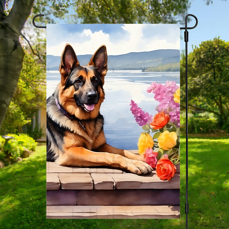 

1pc German Shepherd Dog & Floral Print Garden Flag, 12x18inch, Double-sided, Waterproof Polyester, Welcome Yard Decor, Multipurpose Outdoor Decoration Without Electricity