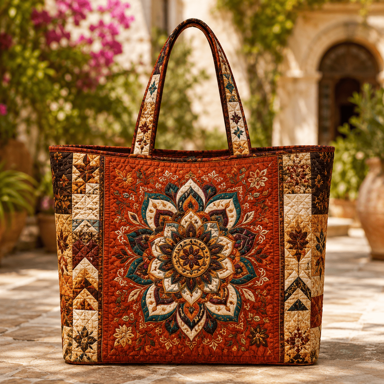 Image of 17 X 15 Inch Quilted Tote Bag For Women, Bohemian Mandala Rust Orange Tote With And Geometric Quilting, Soft Handheld Bag, Large Capacity School Work Bag For Daily Use Weekend Gym