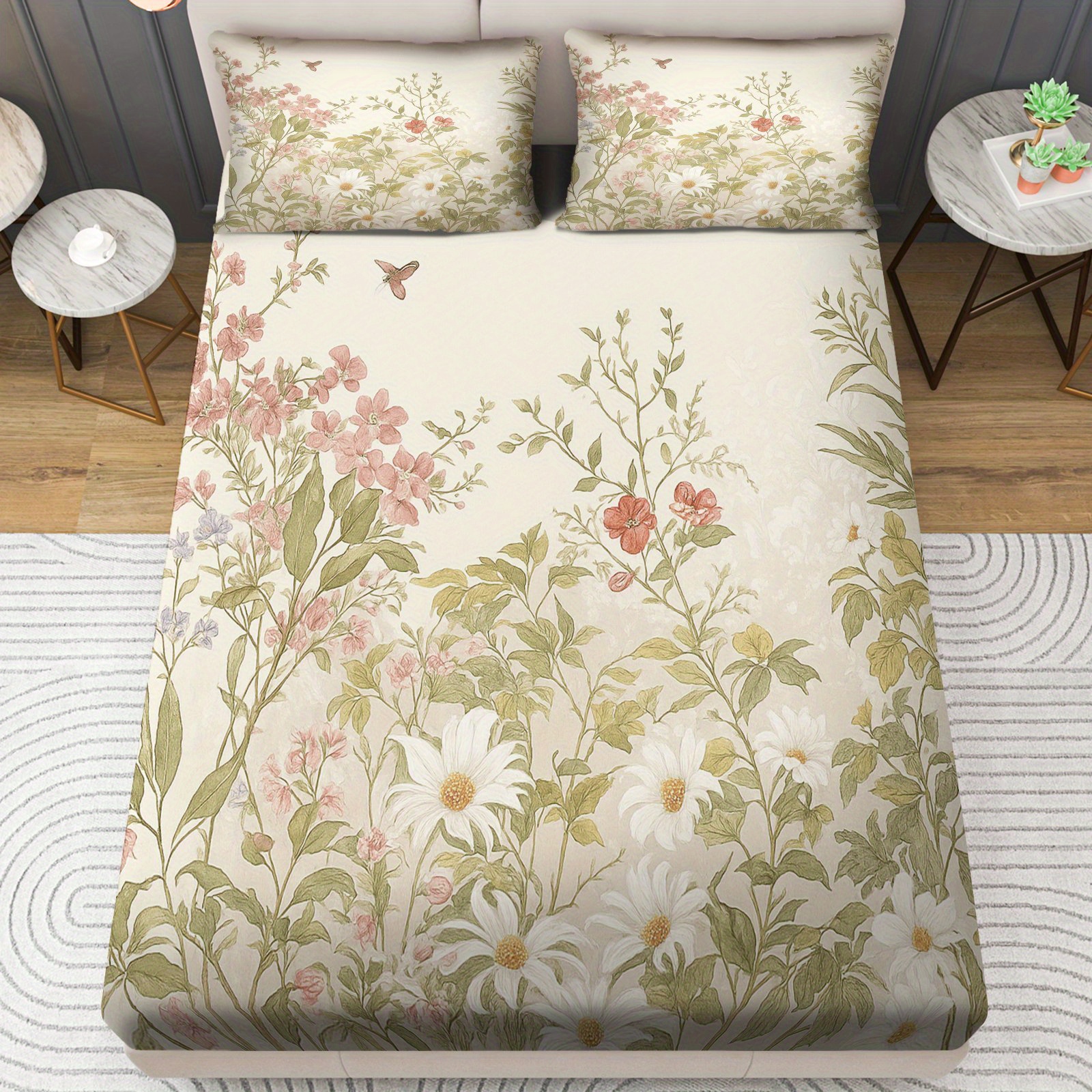 TEMU 3pcs Floral Botanical Sheet 3 Piece Set (1*fitted Sheet 2*pillowcases, ), Spring Theme, Velvet Bedding Set, Soft, Breathable, Suitable For