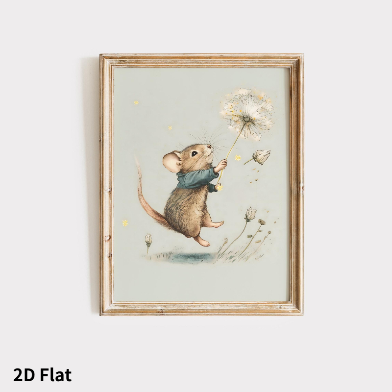 TEMU 2D Plat, Décor Mural Thème Souris 2D Plat, 1 Pièce, Style Pastoral Vintage, Affiche Décorative, Impression sur Toile Cadre, Plusieurs Tailles