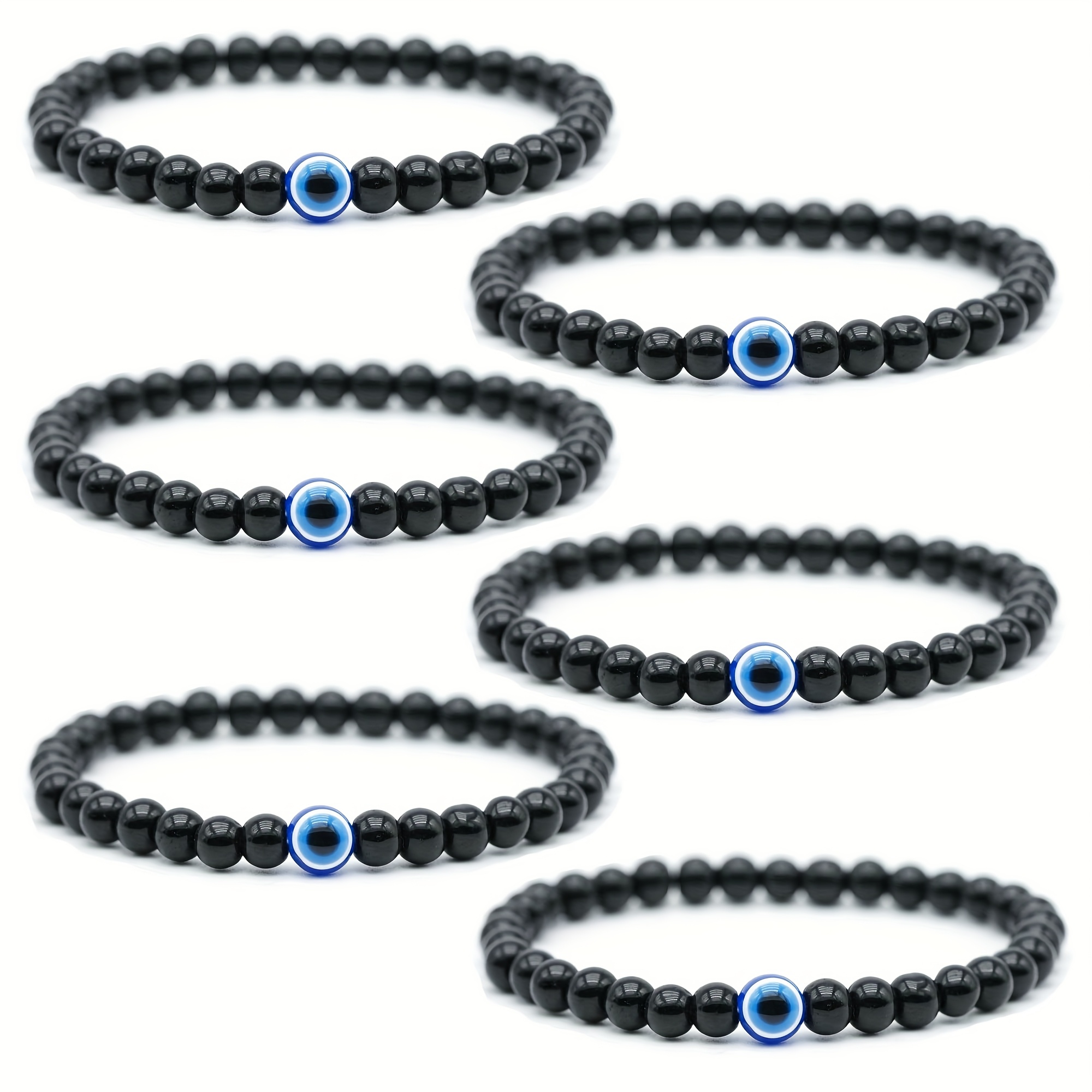 6pcs Men's Evil Eye Bracelet Set - Adjustable Elastic Protective Bracelet With 6mm Black Beads, Featuring A , Wear And Gifting, Suitable For All Year Round