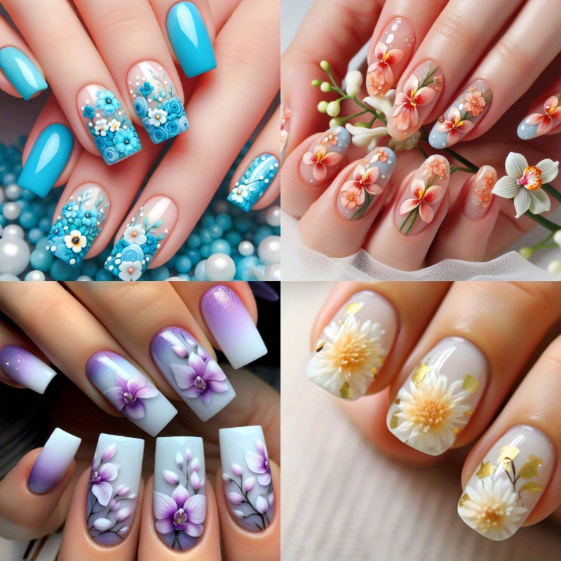 TEMU 96pcs (4pcs) , Trees And Butterflies Cute Bright Face 3d Blue Sunflower French False Nails Fashionable Versatile Wear Nail Suitable For Spring