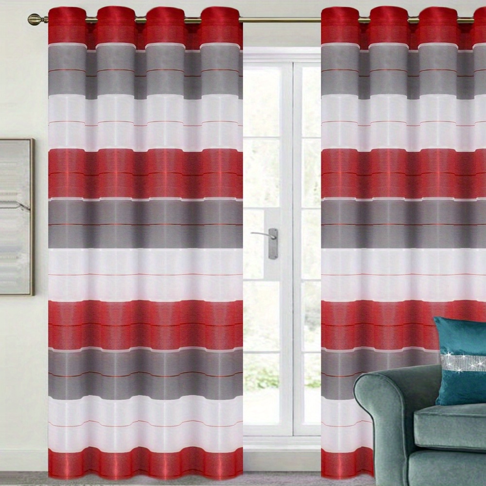 1pc Decorative Window Curtain With Thick Stripes And Metal Rings, Size 145x250cm
