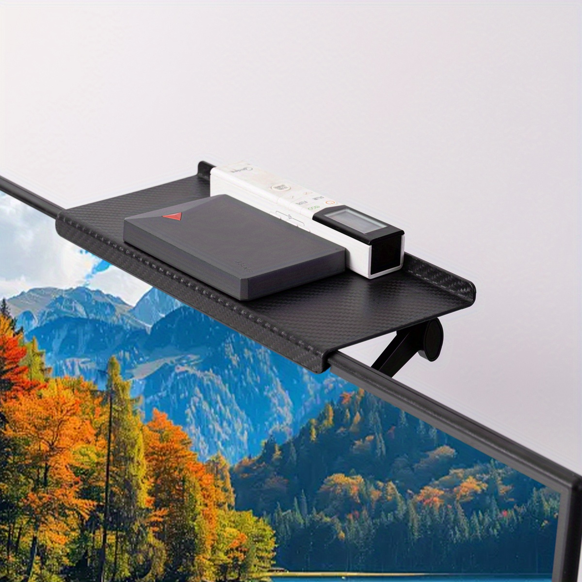 Estante superior ajustable para pantalla de TV negra, estante de almacenamiento para escritorio de monitor de computadora, organizador de enrutador de caja multimedia para oficina en casa, forma rectangular de ABS rociado