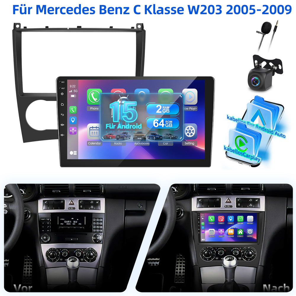 Image of 15 Car Radio 2gb+64gb Carplay Autoradio Radio For W203 2005-2009 Car Stereo With Auto, 9 Inch .5d Touch Screen Radio With Gps, Wifi, Eq, Bt, Swc, Fm Rds Radio With Camera