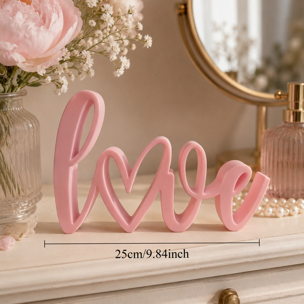 TEMU Pancarte de table en PVC rose pastel avec motif de cœur en cursif - Autoportante 3, rose pastel, convient aux couples, plaque de bureau légère