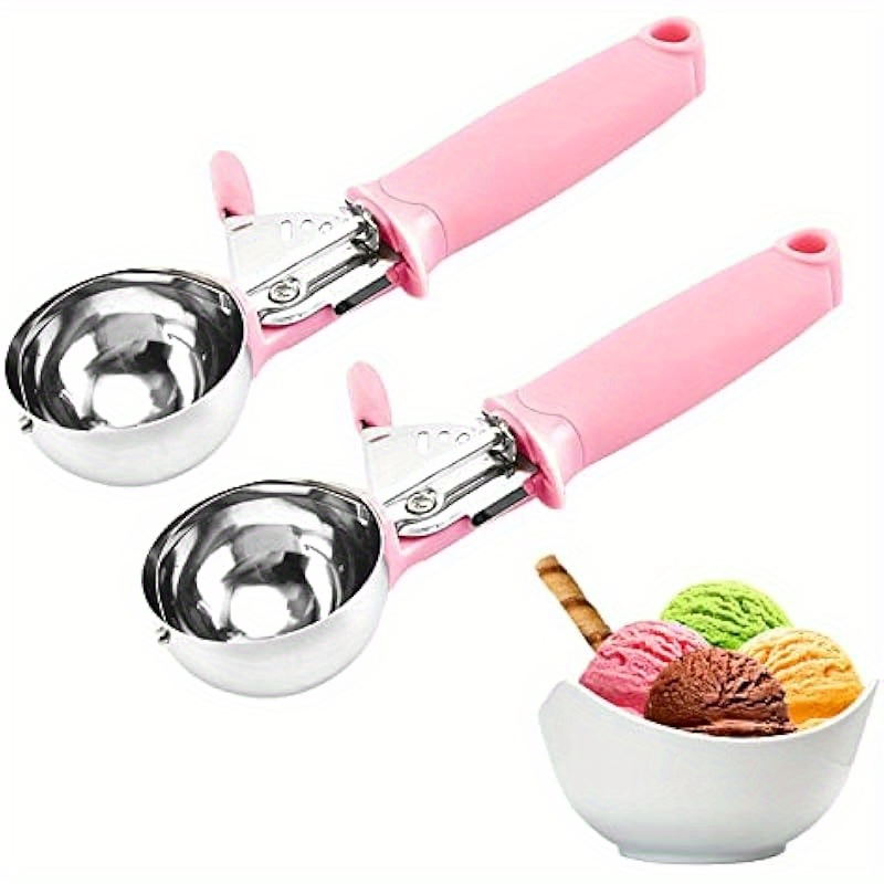 2pcs Stainless Steel Ice Cream & Cookie Dough Scoops with Trigger Release Lever & Pink Ergonomic Handles - Portion Control for Baking, Cupcake Batter, Mashed Potatoes - Dishwasher Safe Kitchen Tools, Ice Cream Bar Supplies, Food Portioning, Sleek Design, Durable Construction, Versatile Scoop, Cooking Enthusiasts