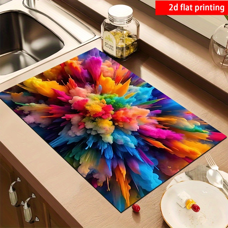 TEMU 2d Flat Printing, 1pc, Multicolor Smoke Print Absorbent Placemat, Durable Utensil Drying Mat, Non-slip Rubber Bottom, Suitable For Kitchen,