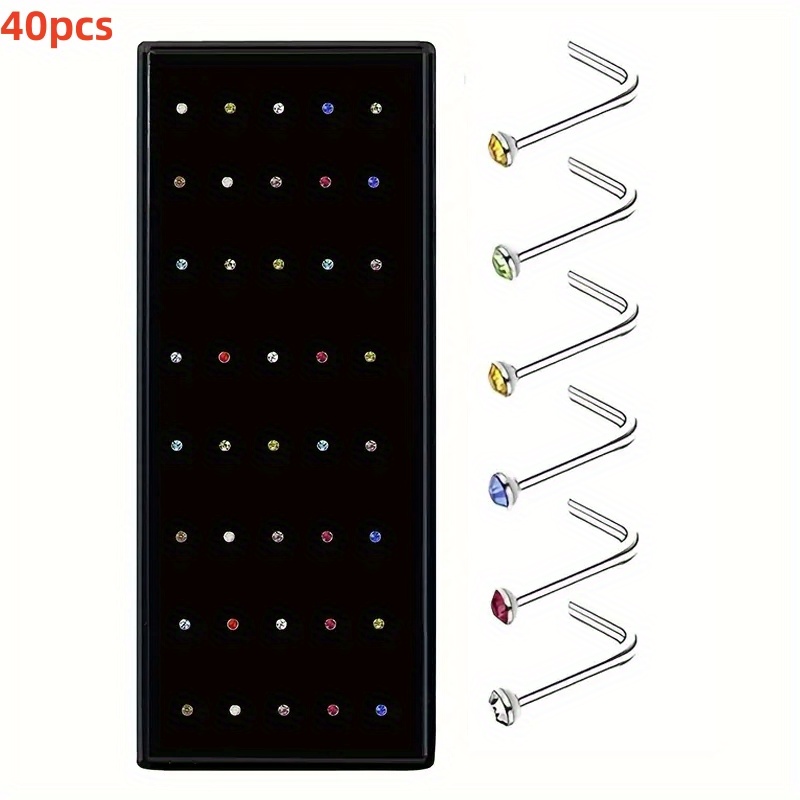TEMU 40pcs Stainless Steel L Shape Colorful Nose Rings Bohemian Colorful Zirconia Nose Stud Nostril Body Piercing Jewelry Set Cartilage Tragus Daith Earrings Body Piercing Jewelry