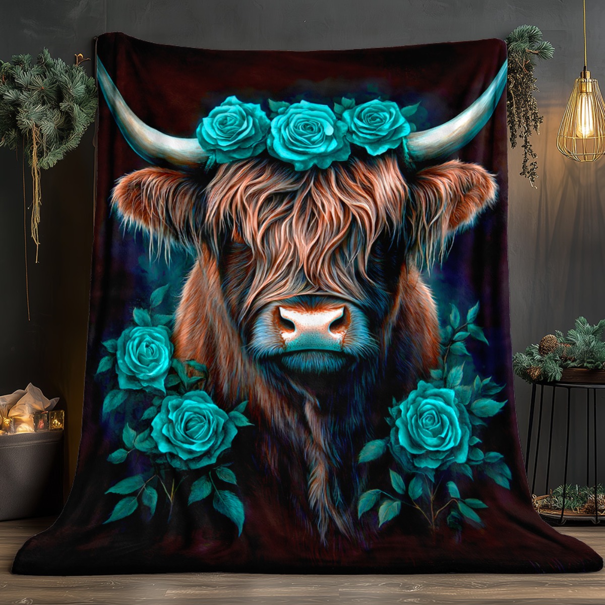TEMU 1pc Cow With Blue Roses Blanket - Lightweight Throw For Sofa, Camping, Livingroom, Office, Chair, And Bed - Digital Printing Soft And Warm