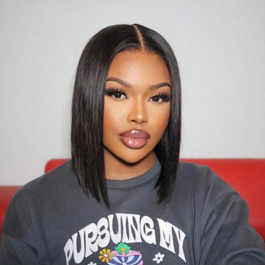 Image of Glue-free Wig, Brazilian Human Hair, Straight Bob, 4x4 Lace Front Wig, 10 Inches, 200% Density, Glue-free Closed Lace Front Straight Bob Wig, Women's Style