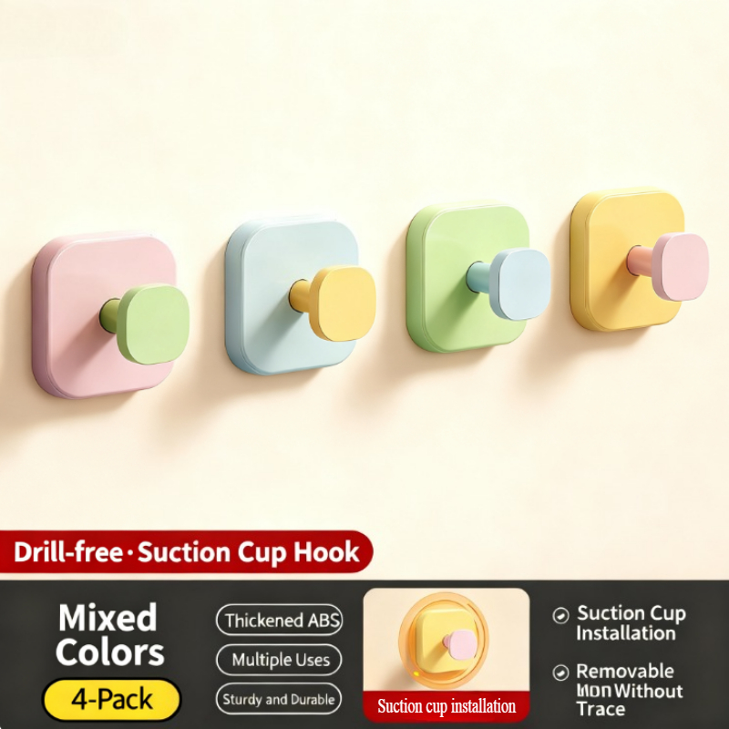 4 Pack Dopamine Strong Suction Cup Hooks, Damage-free Adhesive Hooks, Bathroom Wall Storage Hooks, Over-the-door Coat Hanger, Multi-scene Home Use