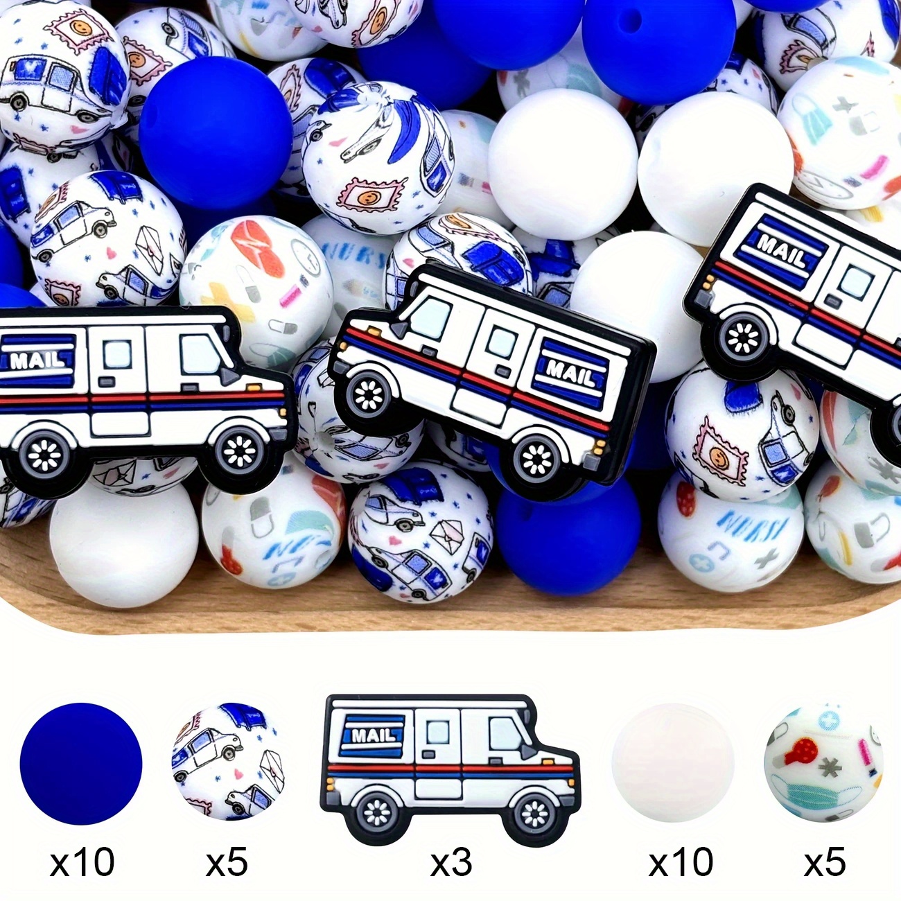 TEMU 33pcs Car Silicone Beads Shaped Loose Beads, Printed Colorful Round Beads, Suitable For Jewelry Decoration Bead Accessories Used As Earrings