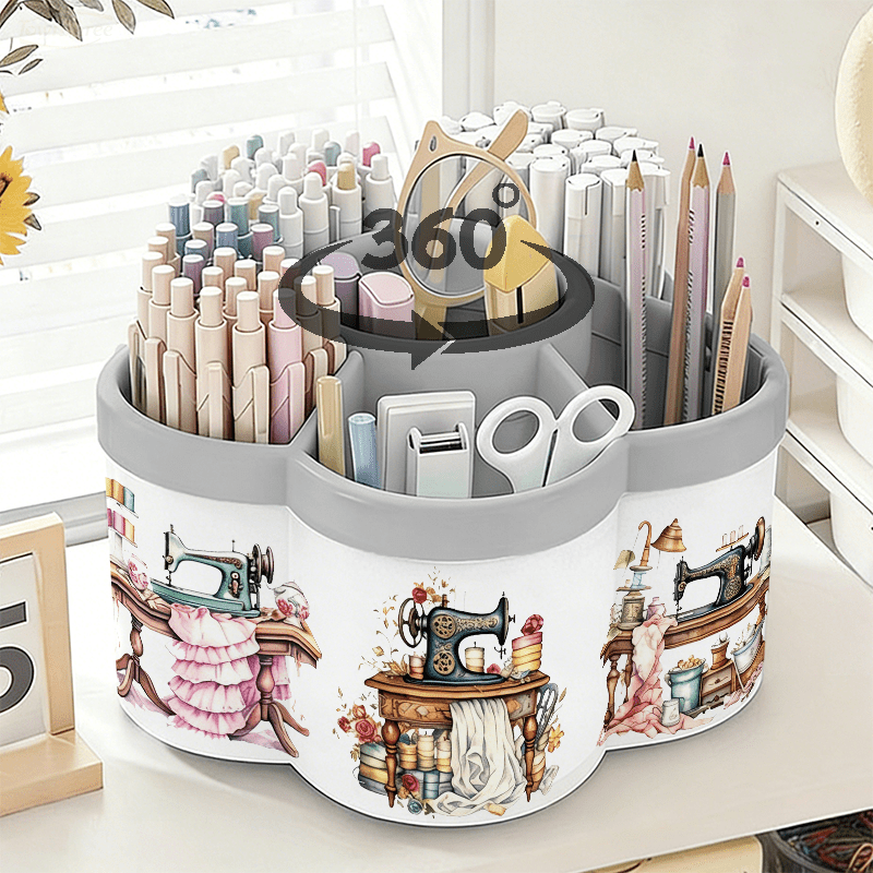 TEMU Rotating Pen Holder And Cosmetic Storage Box | Vintage Sewing Machine Decorative Sticker - 360Â° Rotating Convenient Desktop Storage Box | Large
