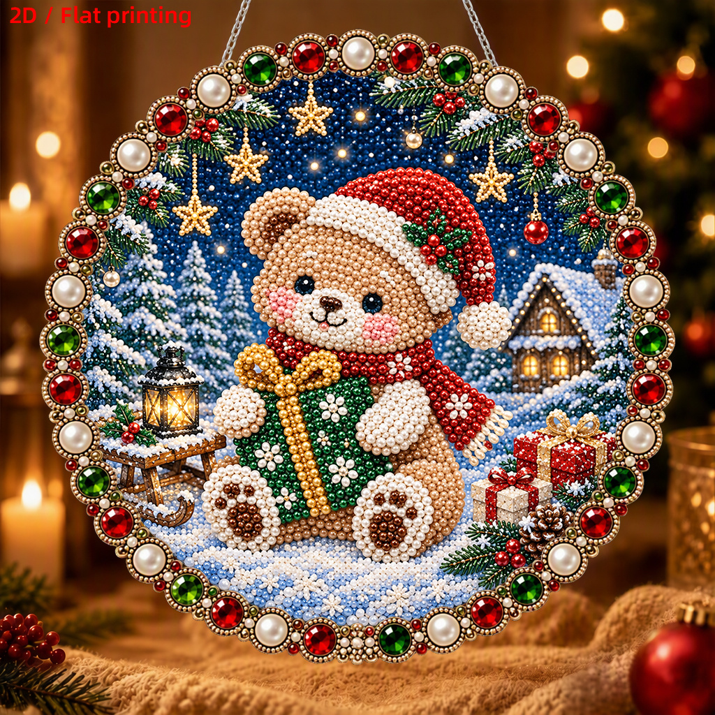 TEMU 2d Flat, Christmas Bear Ornament With Pearl & Diamond Accent - Suitable For Decorations, Table Centerpieces, Gift For Xmas Party - Bear Pendant