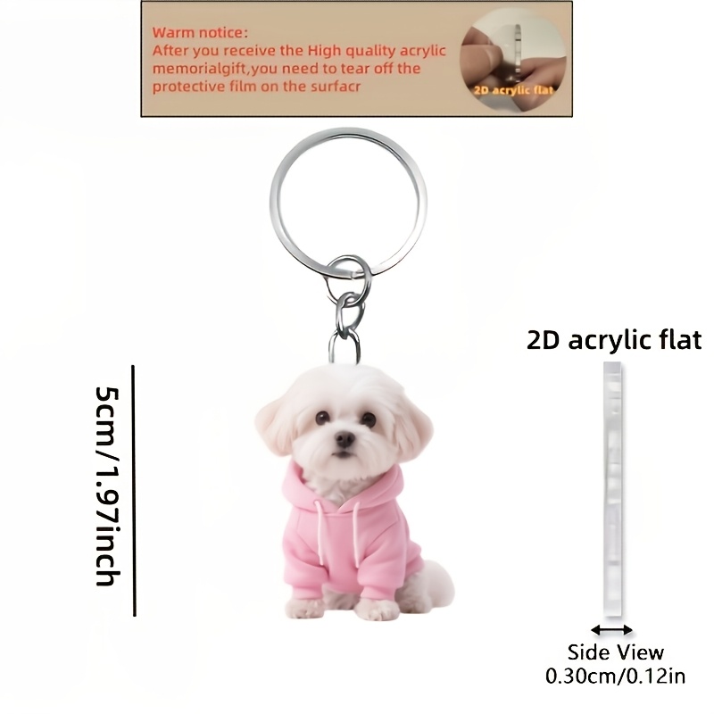 TEMU Llavero 2D de Cachorro Rosa 1pc Lindo Perro Maltese con de Sudadera Rosa, Diseño Acrílico 2D , Llavero Multifuncional Decorativo, Adecuado para