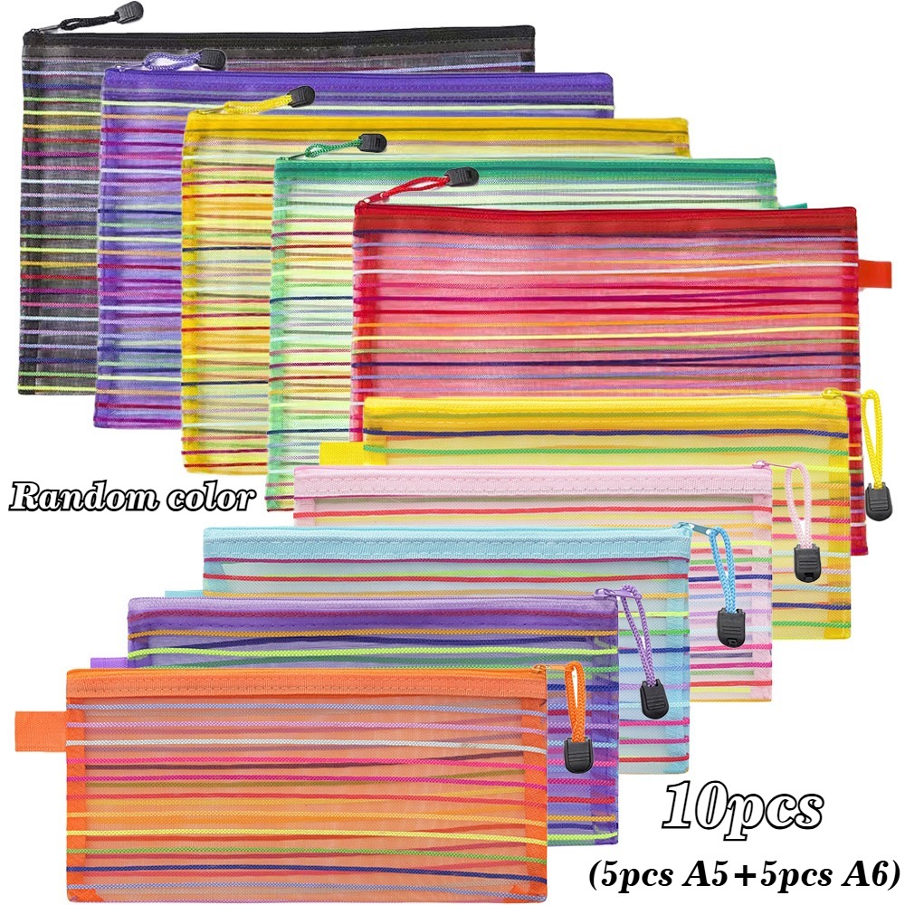 TEMU 10pcs Sacs à fermeture éclair en rayée de 2 tailles, Pochettes de rangement multi- pour papeterie, dossiers, Cosmétique et articles de toilette