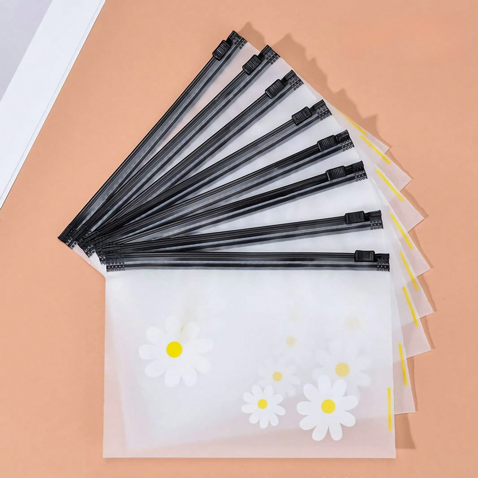 8pcs Reusable Plastic Zipper Storage Bags - Waterproof, Durable & Foldable Lightweight Organizers With Decorative Daisy Patterns For Travel, Home, Crafts, Office & Use, Zipper Pouch Bags