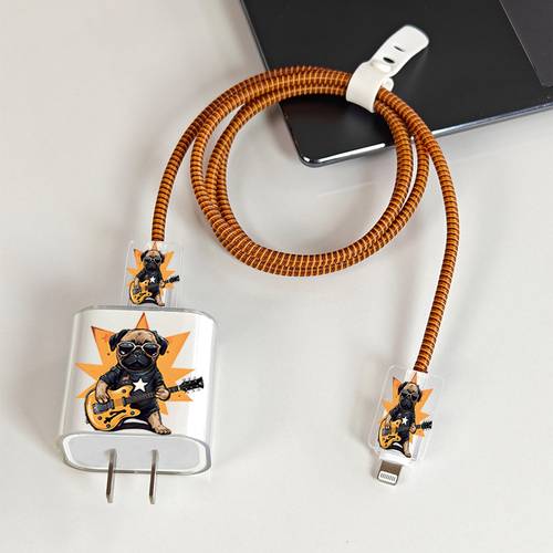 item picture 5pcs rock pug with guitar pattern charger cable protector clear case and brown spiral rope fits for iphone 17 16 15 14 13 12 11 for 20w 18w charger trend additions