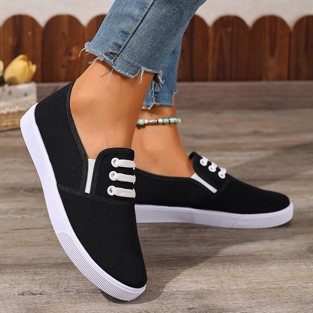 Women s Korean Style Slip-Resistant Arch Support Sneakers - Breathable Slip-On Moccasin-Style Flat Shoes with White Sole & Black Upper, Cushioned Insole & Arch Support,   for Work, Travel, Casual Attire - Versatile All-Purpose Shoes, Wide Width Shoes for Women, Chunky Sneakers, Slip On Sneakers for Women, Womens Shoes Sneaker, Cute Shoes