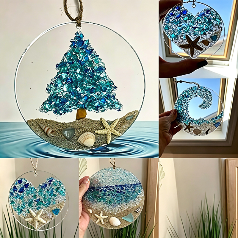 TEMU 10pcs (5pcs Acrylic And 5pcs Jute Ropes) Sea Glass Pendant Handmade Beach Shell Starfish Decorative Pendant Waves Christmas Tree Round
