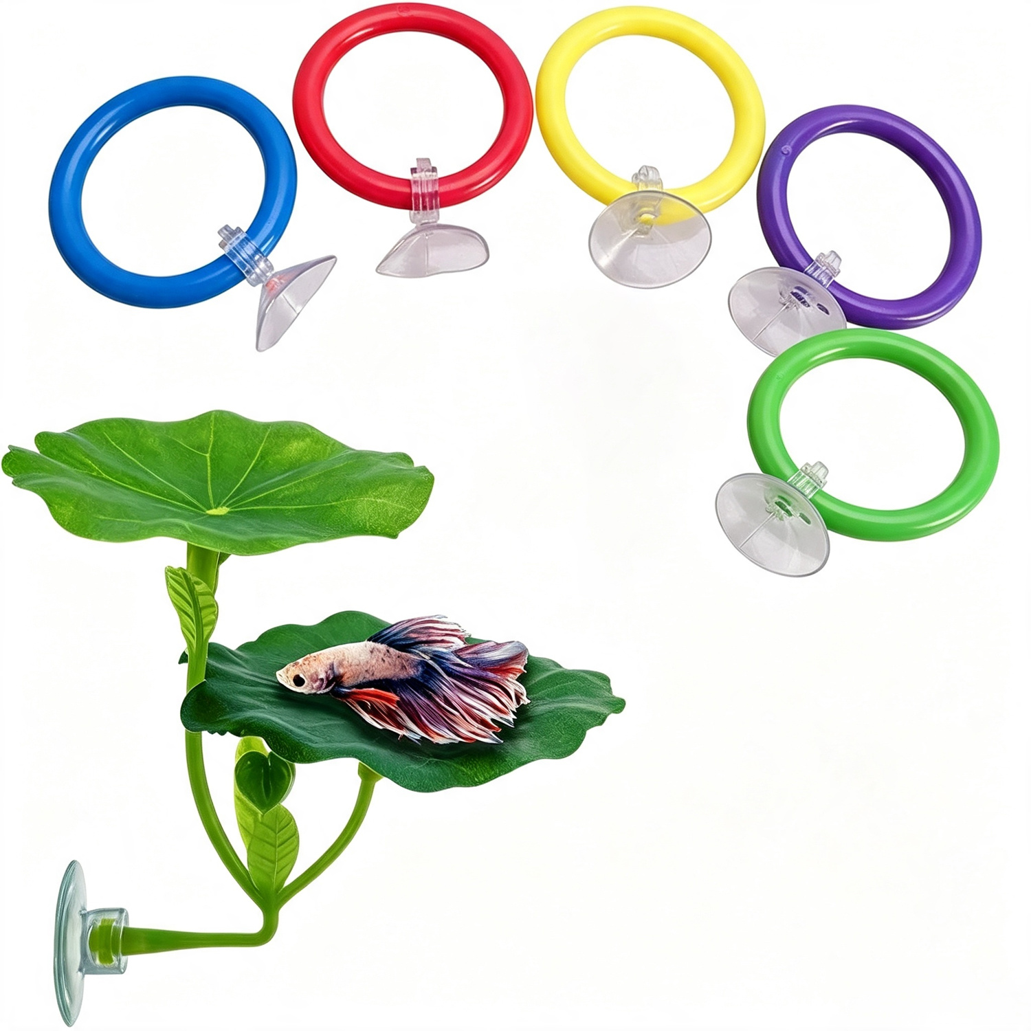 TEMU 6pcs Betta Fish Toys, 5pcs Betta Rings And 1pc Aquatic Plant, Betta Fish Puzzle Toys For Fish Tanks, Aquarium