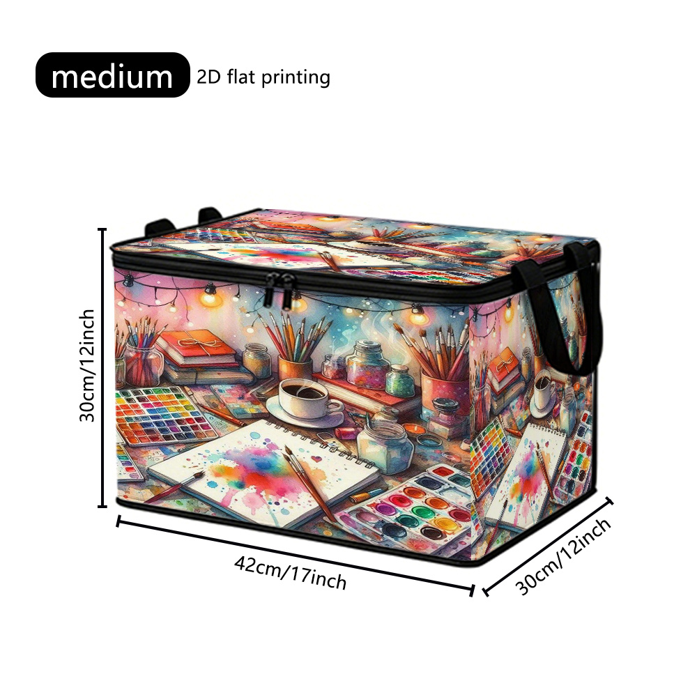 TEMU 1pc Large Capacity Storage Box - Colorful Watercolor Hand-painted Desktop, Pigment And Brush Notebook Coffee Pattern, Durable Zipper Design,
