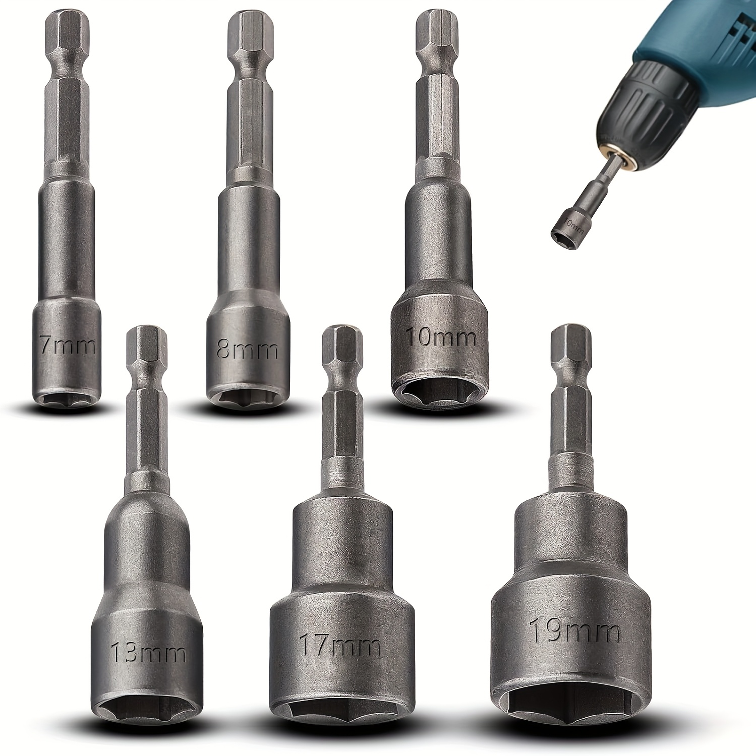 E-shop Hex-Bit-Set, 6-teilig, magnetischer Steckschlüssel 7-19 mm, Nussantrieb, Schlagsteckschlüssel-Adapter, 1/4-Zoll-Steckschlüssel-Adapter-Set,