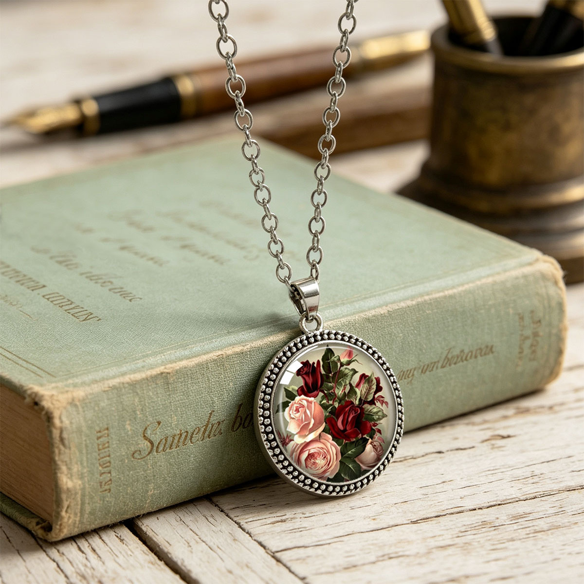 European Classical Rose Bouquet Printed Round Pendant Necklace, Valentine's Gift