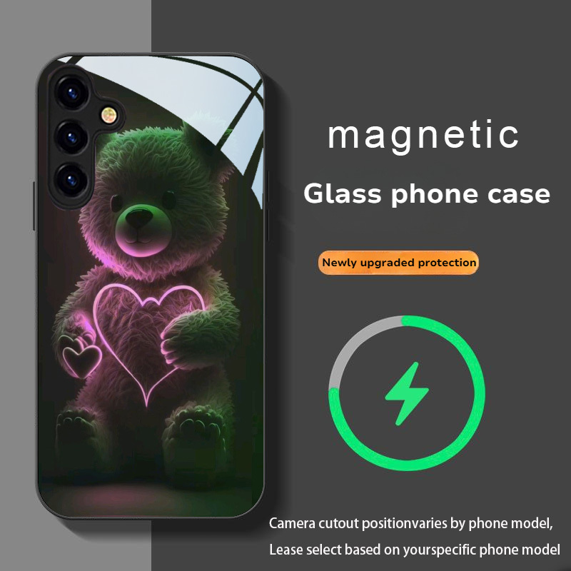 TEMU Phone Case - Fashionable Innovative Pink Heart-shaped Plush Bear Pattern Magnetic Tempered Glass Phone Case, Suitable For Galaxy