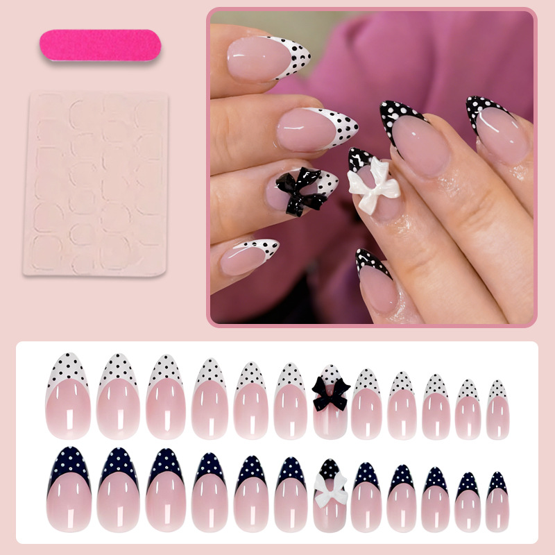 TEMU Huge, 24pcs White Bow Decor, Polka Dot French Tip, Almond Shape Nails, Nude Base, Sweet Fashion Style, For Daily Shopping And Dates, Press-on