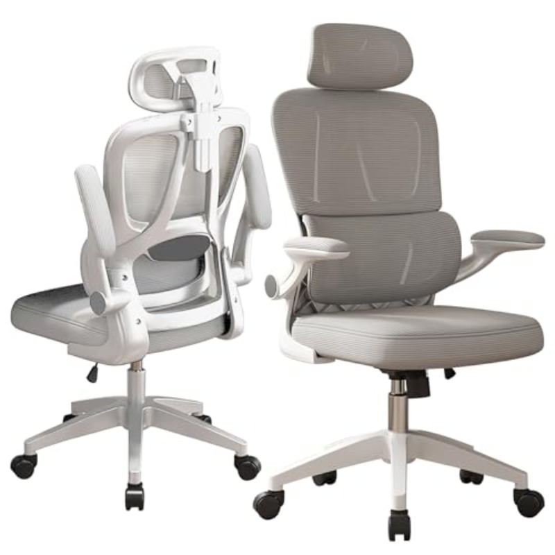 Ergonomic Office Chair, High   Desk Chairs with Headrest, 90°Flip-Up  , 90-125° Tilt Lock and Wide Cushion Comfortable Lumbar Support, Swivel Task Chair for Home Office   Grey