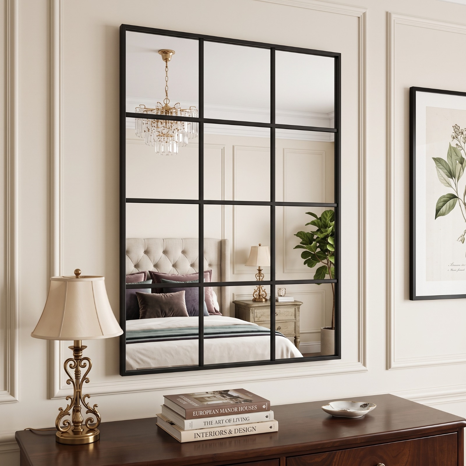 Image of Wall Mirror, Window Decorative Mirrors, Metal Framed Wall Decor Wall-mounted Mirrors For Bedroom, Living Room, Entryway, Black
