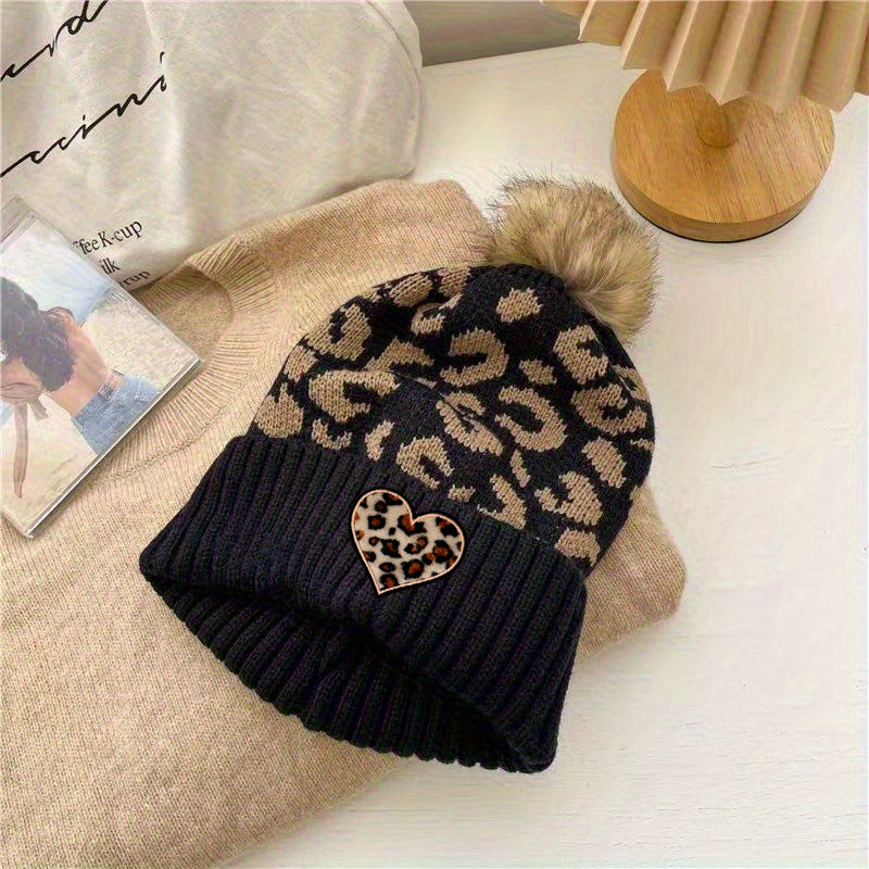 TEMU Women's Leopard Print Beanie With & Heart Embroidery Trim - Elastic Suitable For Daily Outdoor Winter Warm Hat, Lightweight Warm For Weather,