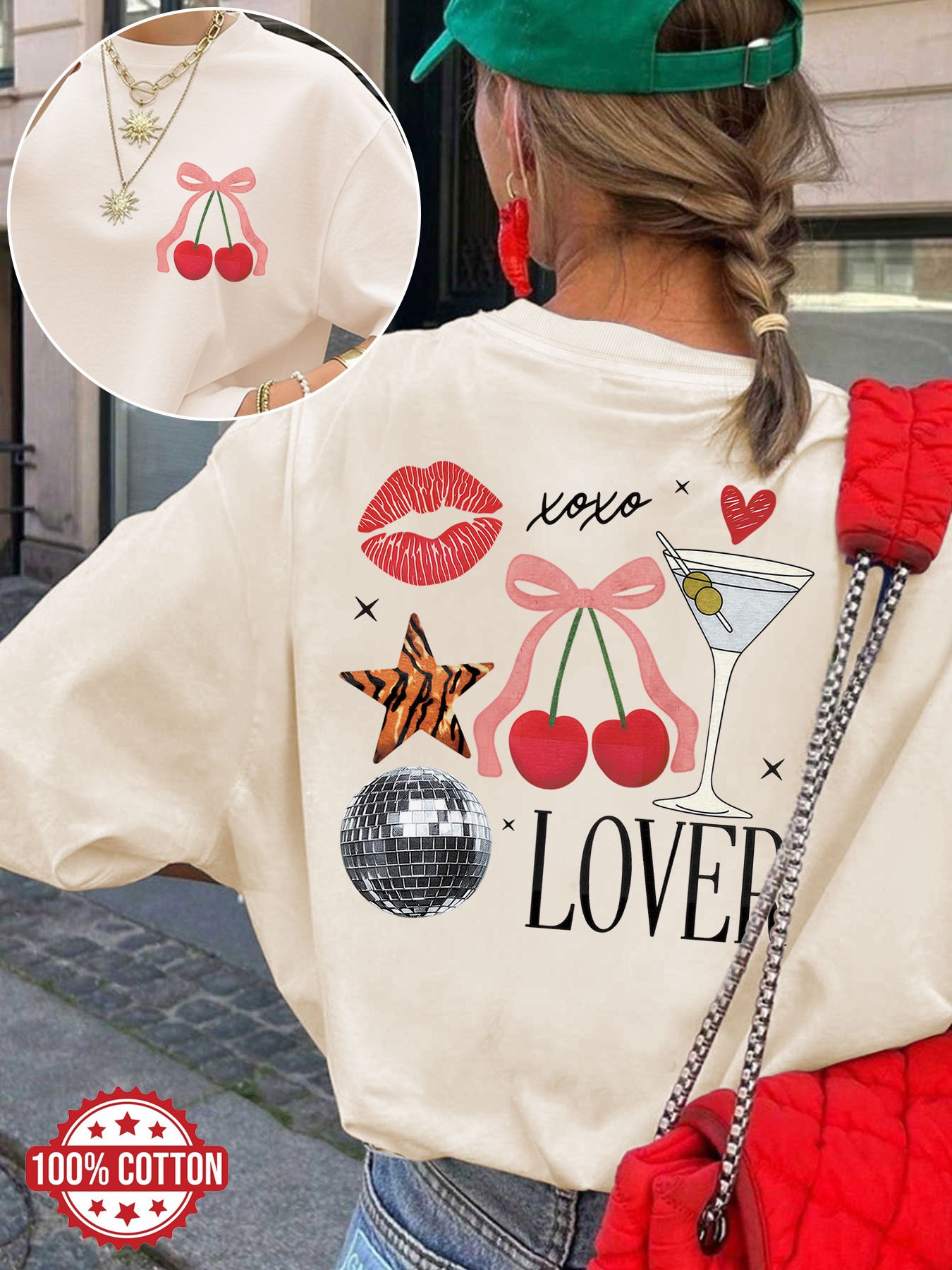 artikel foto dubbelzijdig bedrukt valentijnsdag dames lente- en zomerkleding met een vintage   met rode lippen, strikken en  . elegant, modieus, losvallend, ronde hals, bedrukt, korte mouw, oversized t-shirt