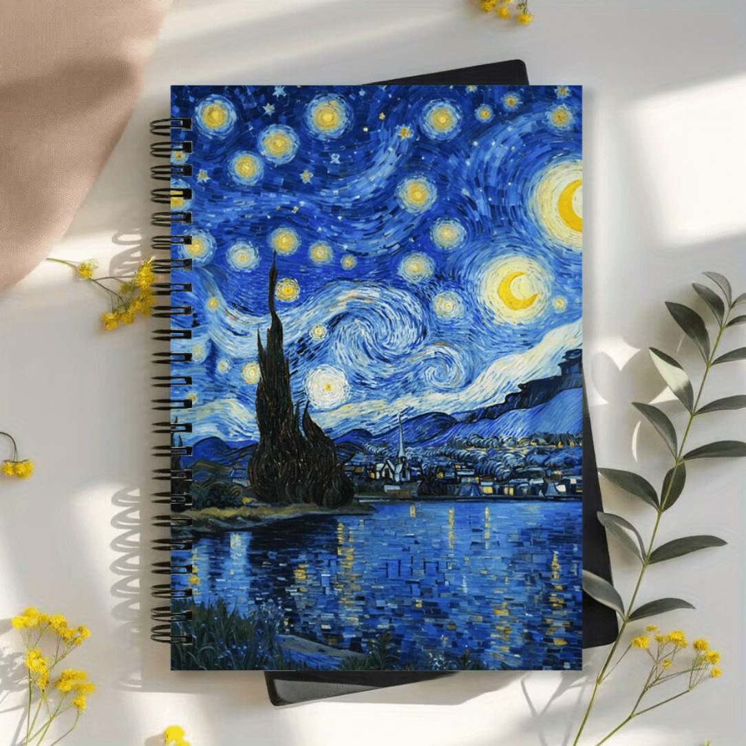 TEMU Van Gogh Starry Night Aesthetic Oil Painting Style Spiral Notebook - Blue And Golden Night , Compact College Ruled Journal, Suitable For School,